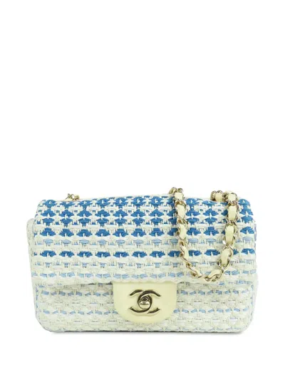 Pre-owned Chanel 2019 Mini Rectangular Woven Cotton Single Flap Shoulder Bag In White