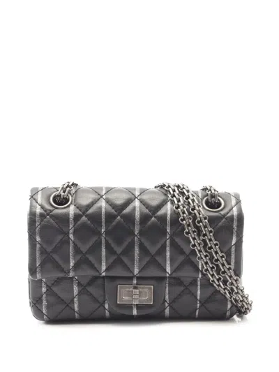 Pre-owned Chanel 2019 Mini Reissue 2.55 Lambskin Striped Single Flap Crossbody Bag In Black