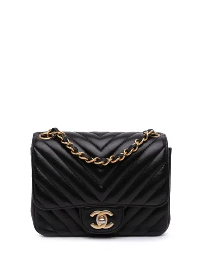 Pre-owned Chanel 2019 Mini Square Classic Chevron Lambskin Single Flap Crossbody Bag In Black