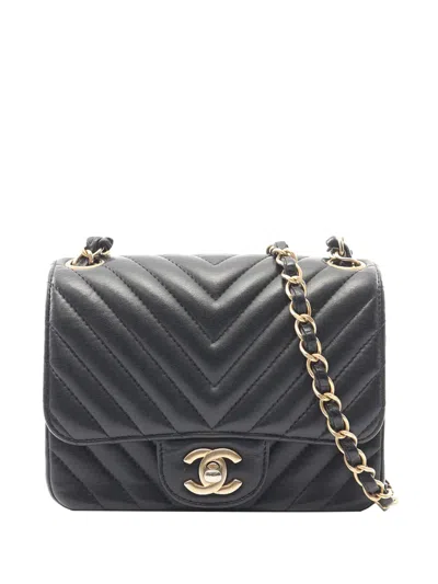 Pre-owned Chanel 2019 Mini Square Classic Chevron Lambskin Single Flap Crossbody Bag In Black