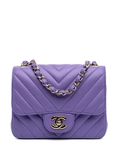 Pre-owned Chanel 2019 Mini Square Classic Chevron Lambskin Single Flap Crossbody Bag In Purple