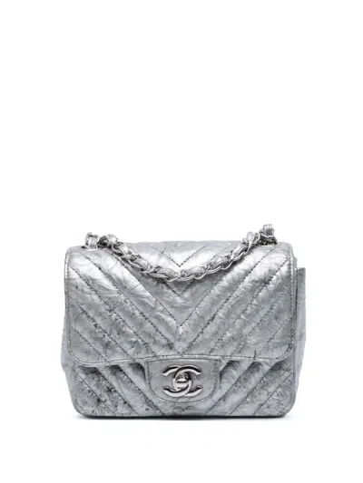 Pre-owned Chanel 2019 Mini Square Classic Chevron Metallic Crumpled Patent Single Flap Crossbody Bag