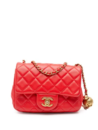 Pre-owned Chanel 2019 Mini Square Classic Lambskin Pearl Crush Flap Crossbody Bag In Red