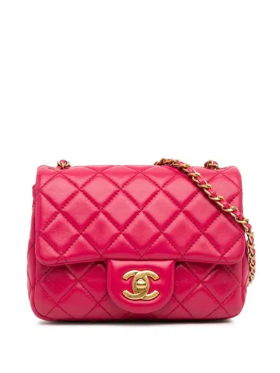 Pre-owned Chanel 2019 Mini Square Classic Lambskin Pearl Crush Single Flap Crossbody Bag In Pink