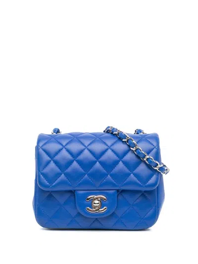 Pre-owned Chanel 2019 Mini Square Classic Lambskin Single Flap Crossbody Bag In Blue