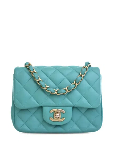 Pre-owned Chanel 2019 Mini Square Classic Lambskin Single Flap Crossbody Bag In Blue