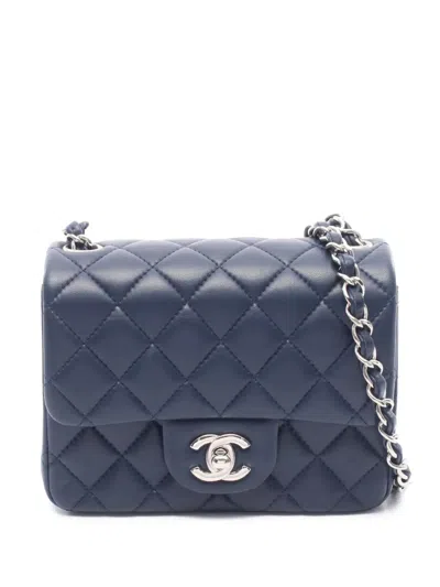 Pre-owned Chanel 2019 Mini Square Classic Lambskin Single Flap Crossbody Bag In Blue