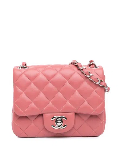 Pre-owned Chanel 2019 Mini Square Classic Lambskin Single Flap Crossbody Bag In Pink