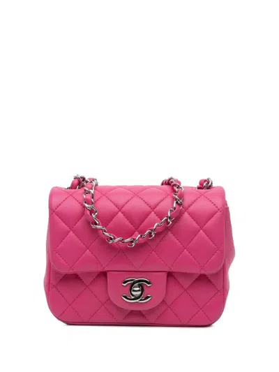 Pre-owned Chanel 2019 Mini Square Classic Lambskin Single Flap Crossbody Bag In Pink