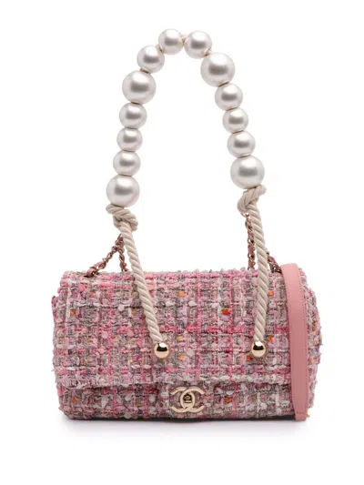 Pre-owned Chanel 2019 Mini Tweed Pearl Top Handle Flap Satchel In Pink