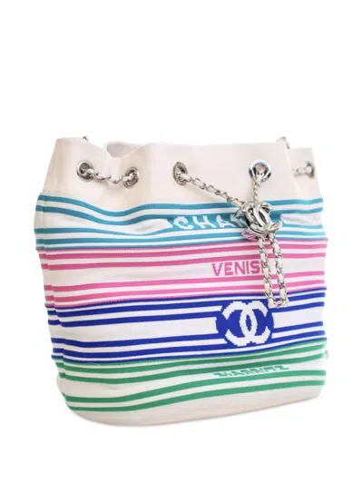 Pre-owned Chanel 2019 Mixed Fibers And Aged Calfskin Venise Biarritz Bucket Bag In Multi
