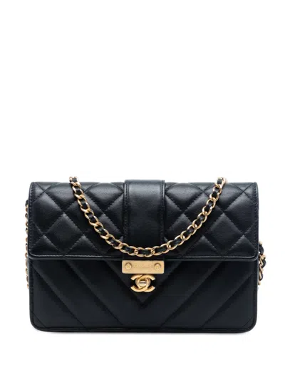 Pre-owned Chanel 2019 Mixed Quilt Calfskin Golden Class Wallet On Chain Crossbody Bag In Black