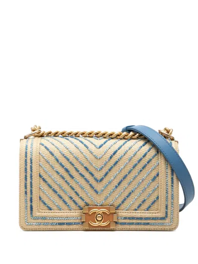 Pre-owned Chanel 2019 Old Medium Chevron Raffia Boy Flap Shoulder Bag In Neutral