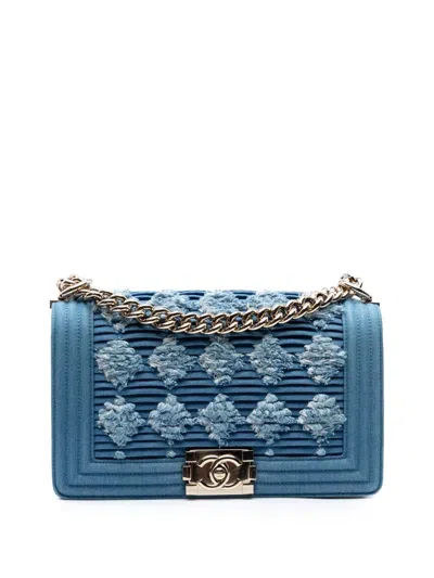 Pre-owned Chanel 2019 Old Medium Pleated Denim Boy Flap Crossbody Bag In Blue