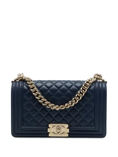 Pre-owned Chanel 2019 Old Medium Quilted Lambskin Boy Flap Crossbody Bag In Blue