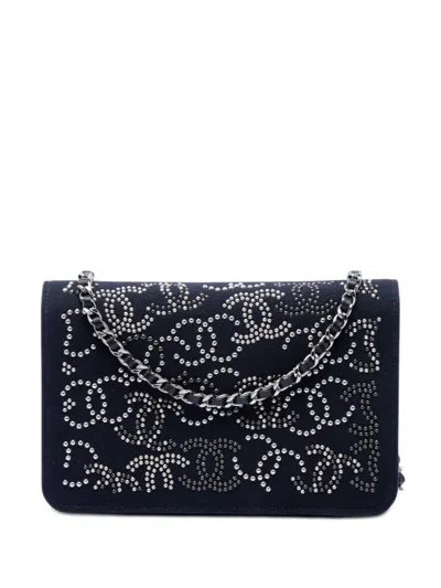 Pre-owned Chanel 2019 Paris Shanghai Crystal Embellished Canvas Wallet On Chain Crossbody Bag In Blue
