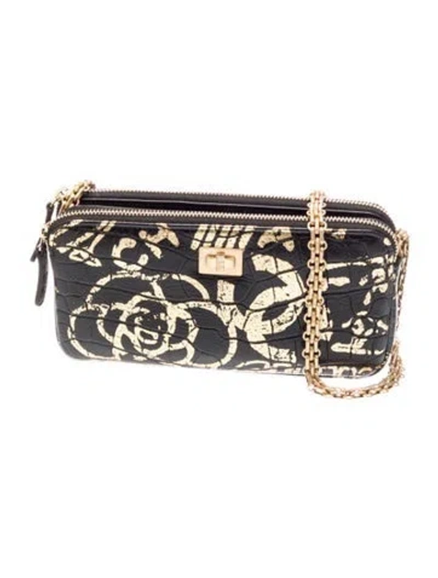 Pre-owned Chanel 2019 Paris-new York Croc-embossed Graffiti Boy Double Zip Wallet W/chain In Black