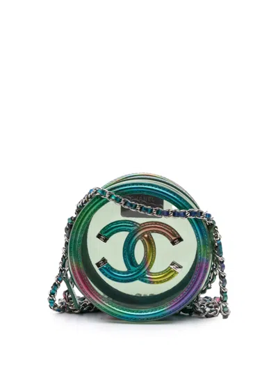 Pre-owned Chanel 2019 Pvc And Metallic Lambskin Cc Filigree Round Clutch With Chain Crossbody Bag In Green
