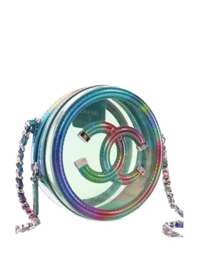 Pre-owned Chanel 2019 Pvc And Metallic Lambskin Cc Filigree Round Clutch With Chain Crossbody Bag In Green