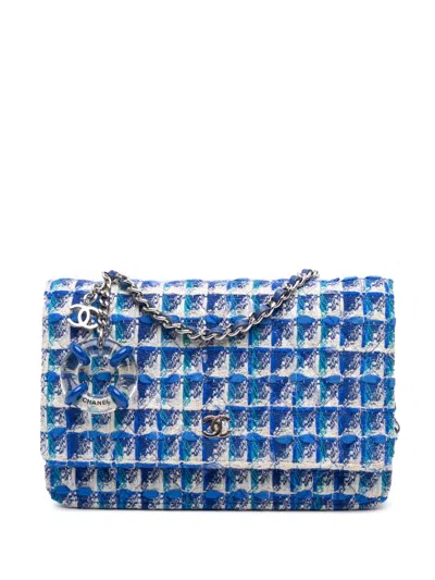 Pre-owned Chanel 2019 Quilted Boucle Tweed Charm Wallet On Chain Crossbody Bag In Blue