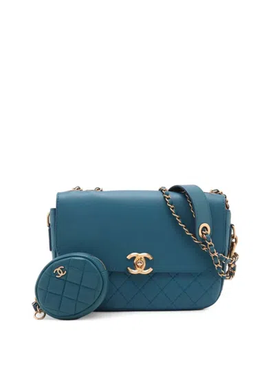 Pre-owned Chanel 2019 Quilted Calfskin Multi Pouching Flap And Coin Purse Shoulder Bag In Blue