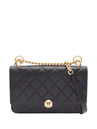 Pre-owned Chanel 2019 Quilted Calfskin Pearl Cc Accordion Wallet On Chain Crossbody Bag In Black