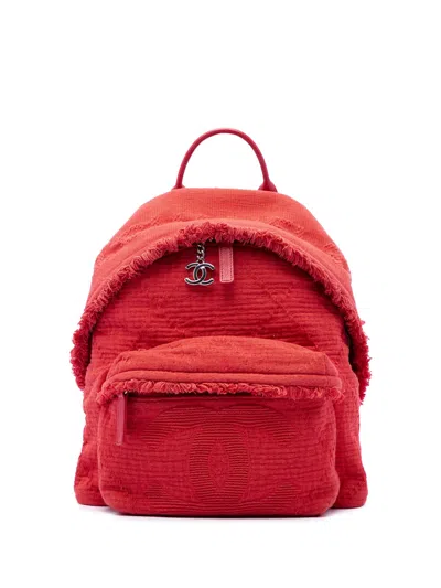 Pre-owned Chanel 2019 Quilted Canvas Front Pocket Fringe Backpack In Red