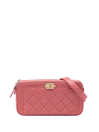 Pre-owned Chanel 2019 Quilted Caviar Boy Double Zip Clutch With Chain Crossbody Bag In Pink
