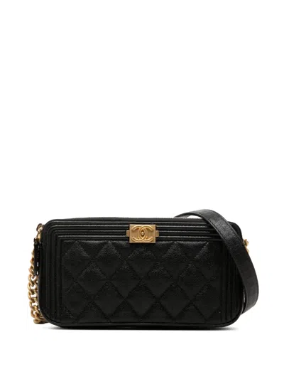 Pre-owned Chanel 2019 Quilted Caviar Boy Double Zip Wallet On Chain Crossbody Bag In Black