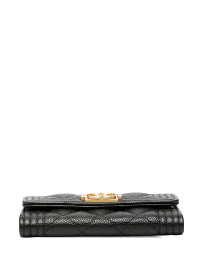Pre-owned Chanel 2019 Quilted Caviar Boy Flap Card Holder In Black