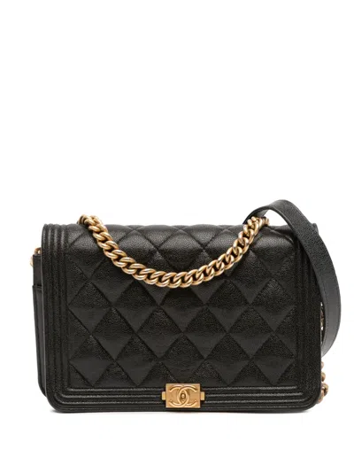 Pre-owned Chanel 2019 Quilted Caviar Boy Wallet On Chain Crossbody Bag In Black
