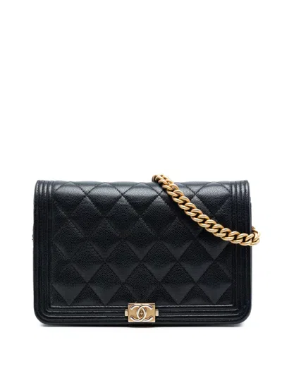 Pre-owned Chanel 2019 Quilted Caviar Boy Wallet On Chain Crossbody Bag In Black