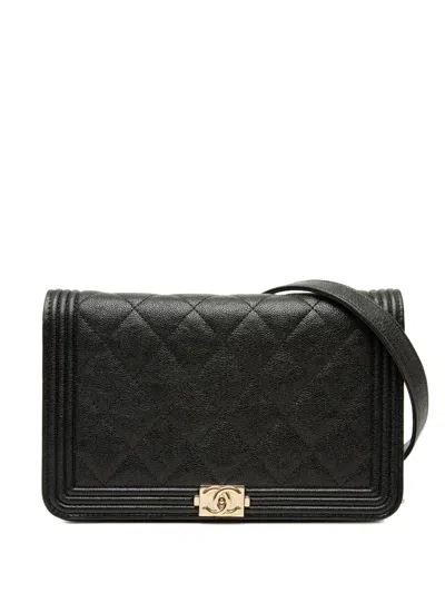 Pre-owned Chanel 2019 Quilted Caviar Boy Wallet On Chain Crossbody Bag In Black