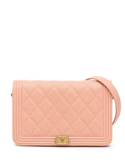 Pre-owned Chanel 2019 Quilted Caviar Boy Wallet On Chain Crossbody Bag In Pink