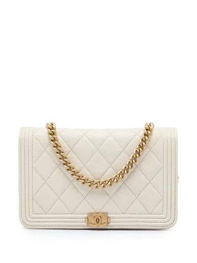 Pre-owned Chanel 2019 Quilted Caviar Boy Wallet On Chain Crossbody Bag In White