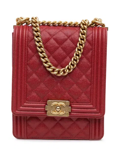 Pre-owned Chanel 2019 Quilted Caviar North South Boy Flap Shoulder Bag In Red