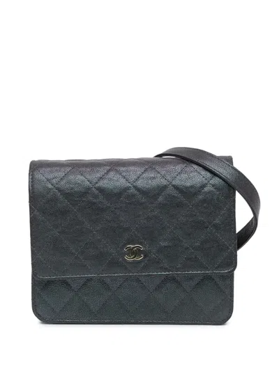 Pre-owned Chanel 2019 Quilted Caviar Square Wallet On Chain Crossbody Bag In Black