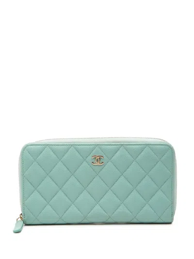 Pre-owned Chanel 2019 Quilted Caviar Zip Around Wallet Long Wallets In Blue