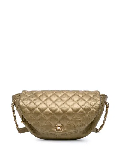 Pre-owned Chanel 2019 Quilted Croc Embossed Metallic Calfskin Easy Trip Belt Bag