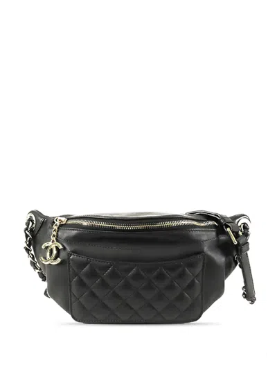 Pre-owned Chanel 2019 Quilted Crumpled Lambskin Front Pocket Belt Bag In Black