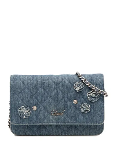 Pre-owned Chanel 2019 Quilted Denim Camellia Wallet On Chain Denim Crossbody Bag In Blue