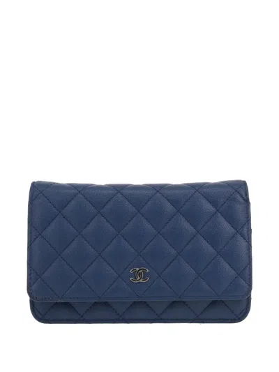 Pre-owned Chanel 2019 Quilted Grained Leather Wallet On Chain Shoulder Bag In Blue