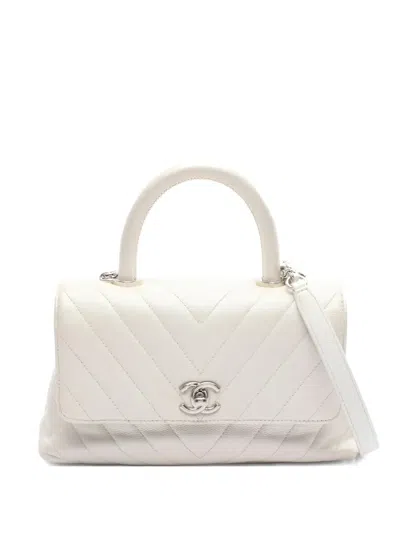Pre-owned Chanel 2019 Quilted Handle Flap Tote Bag In White