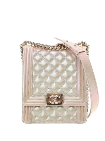 Pre-owned Chanel 2019 Quilted Iridescent Calfskin North South Boy Flap Crossbody Bag In Gold