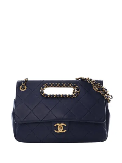 Pre-owned Chanel 2019 Quilted Lambskin A Real Catch Flap Satchel In Blue