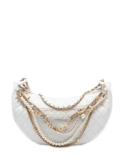 Pre-owned Chanel 2019 Quilted Lambskin All About Chains Hobo Bag In White
