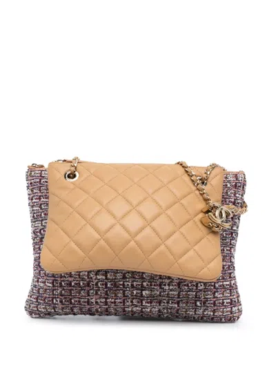 Pre-owned Chanel 2019 Quilted Lambskin And Tweed Double Case With Chain Crossbody Bag In Brown