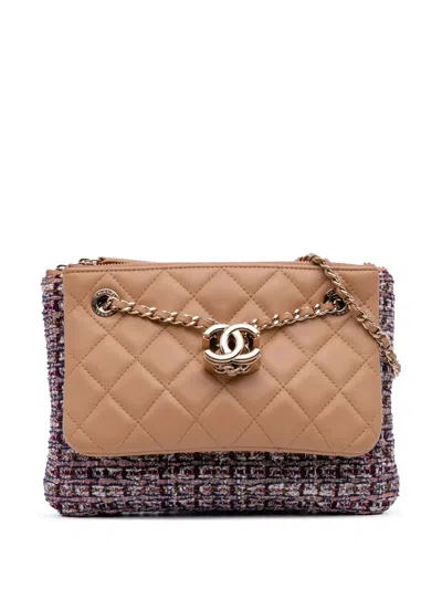 Pre-owned Chanel 2019 Quilted Lambskin And Tweed Double Case With Chain Crossbody Bag In Brown