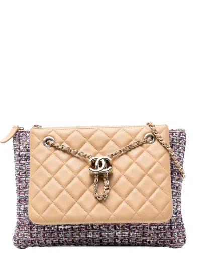 Pre-owned Chanel 2019 Quilted Lambskin And Tweed Double Case With Chain Crossbody Bag In Brown