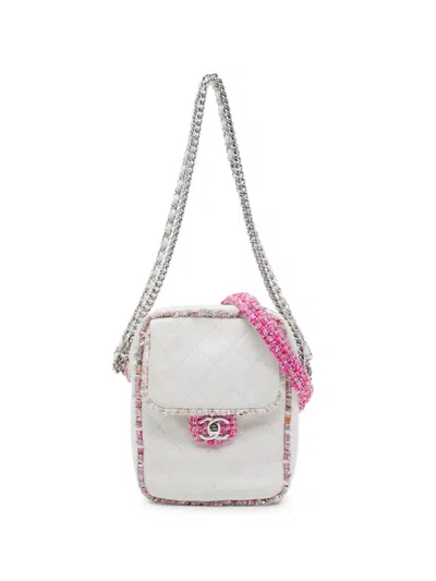Pre-owned Chanel 2019 Quilted Lambskin And Tweed Elegant Satchel In White